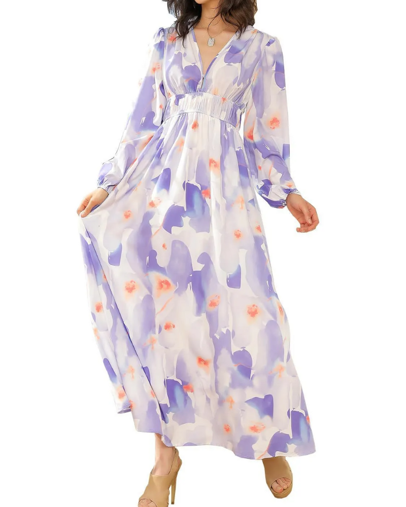 Elegant floral maxi dress with vibrant patterns, graceful flow, and versatile design for any formal occasion or event.