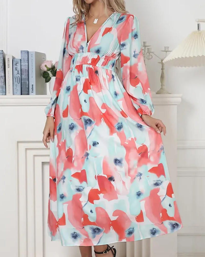 Elegant floral maxi dress with vibrant patterns, graceful flow, and versatile design for any formal occasion or event.
