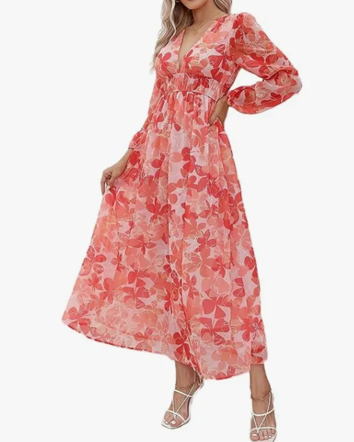 Elegant floral maxi dress with vibrant patterns, graceful flow, and versatile design for any formal occasion or event.