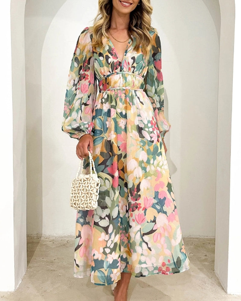 Elegant floral maxi dress with vibrant patterns, graceful flow, and versatile design for any formal occasion or event.