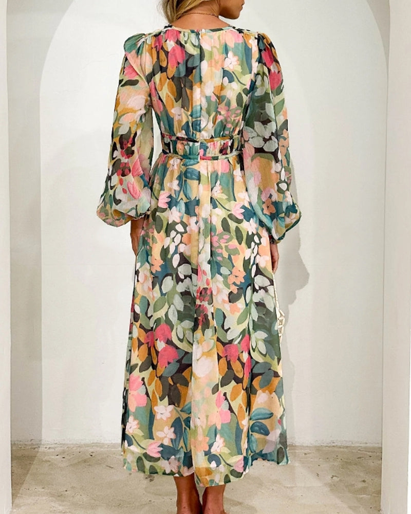 Elegant floral maxi dress with vibrant patterns, graceful flow, and versatile design for any formal occasion or event.