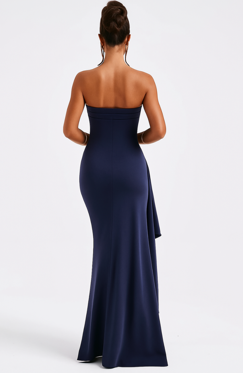 "Elegant off-shoulder twisted navy maxi dress with fluid silhouette, perfect for evening wear and special occasions."