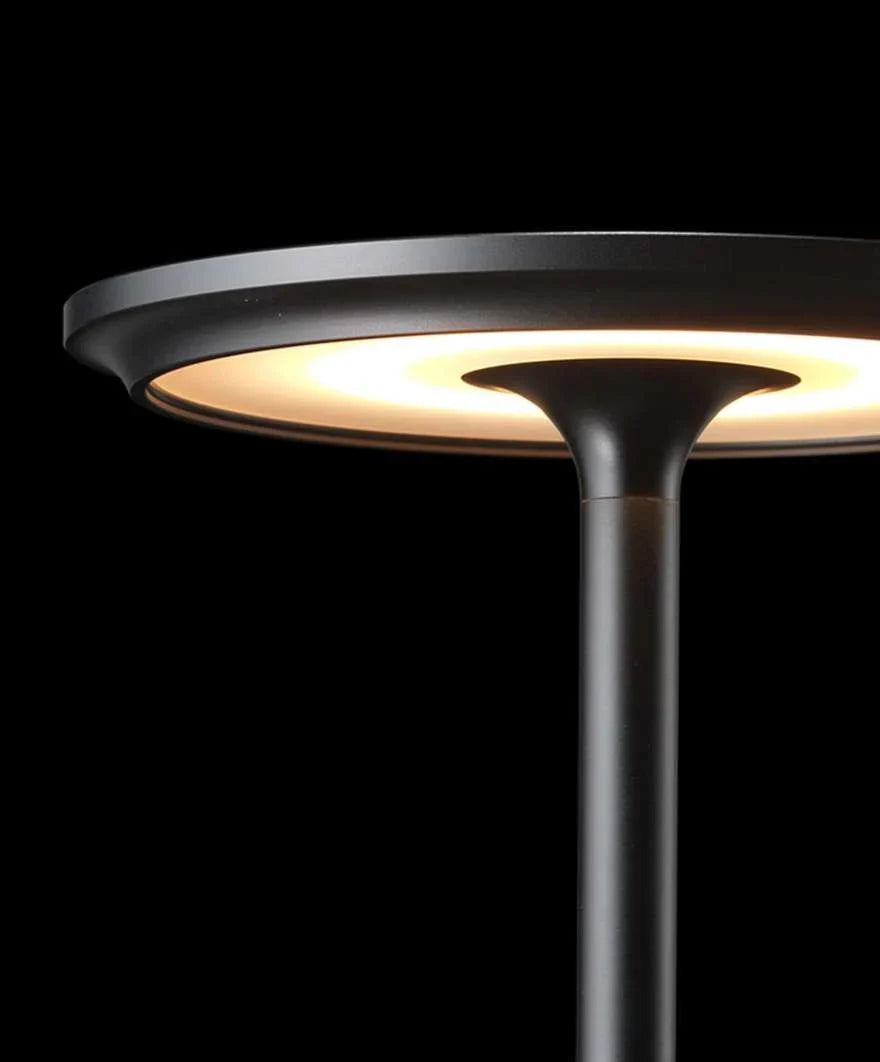 "Elegant wireless table lamp with sleek curves, gold finish; perfect for versatile ambient lighting on any table or desk."