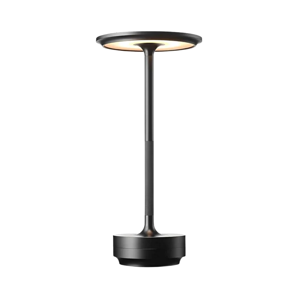 "Elegant wireless table lamp with sleek curves, gold finish; perfect for versatile ambient lighting on any table or desk."