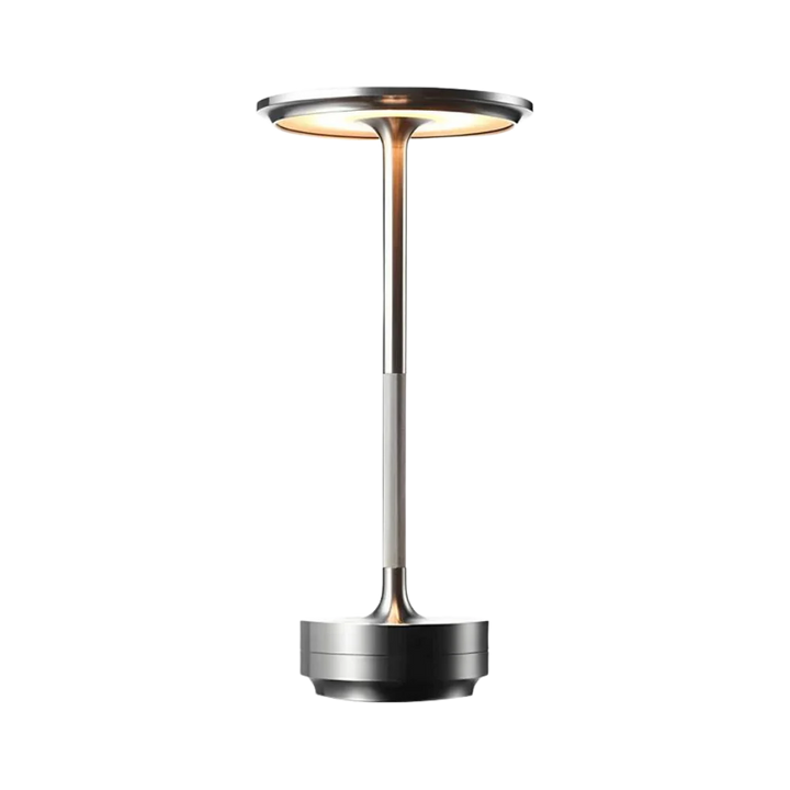 "Elegant wireless table lamp with sleek curves, gold finish; perfect for versatile ambient lighting on any table or desk."