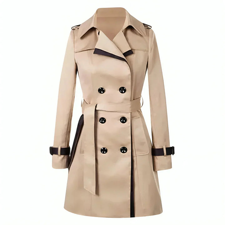 Elegant women's long trench coat, water-repellent, stylish beige or black, sleek design for versatile, modern elegance.