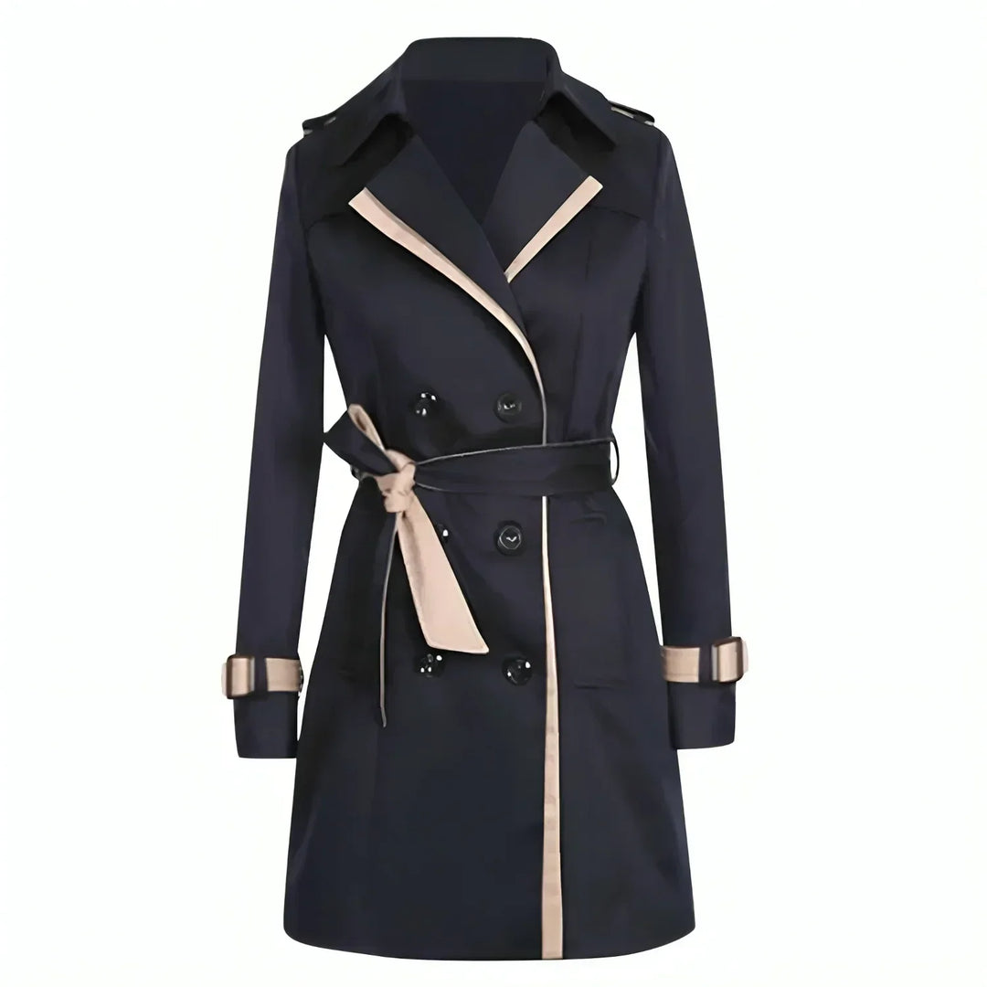 Elegant women's long trench coat, water-repellent, stylish beige or black, sleek design for versatile, modern elegance.