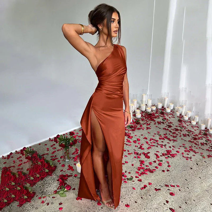 "Elegant women's maxi dress with flowing silhouette, side view, perfect for formal occasions in classic colors."