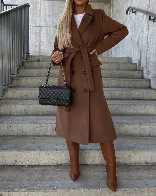 "Elegant women's mid-length coat with button closure, ideal for cool weather and versatile for casual or dressy occasions."