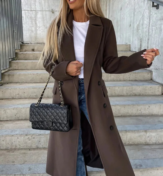 "Elegant women's mid-length coat with button closure, ideal for cool weather and versatile for casual or dressy occasions."