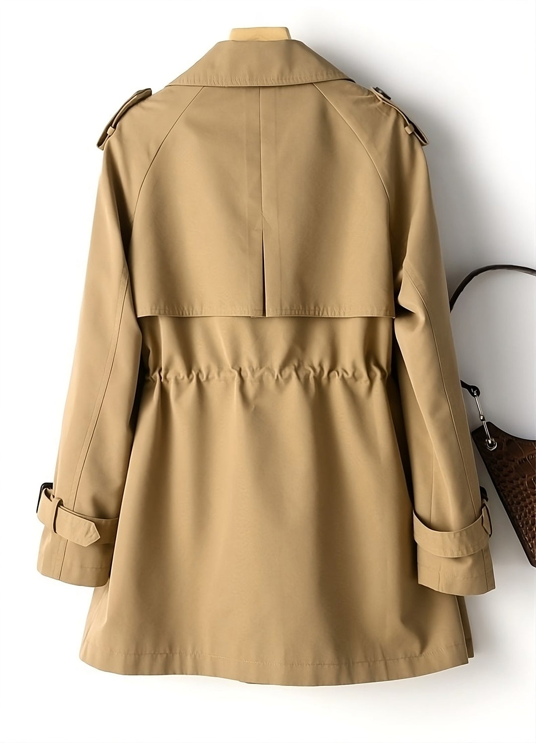 Elegant women's trench coat in autumn tones, long design with weather-resistant fabric, chic colors: beige, black, coffee.