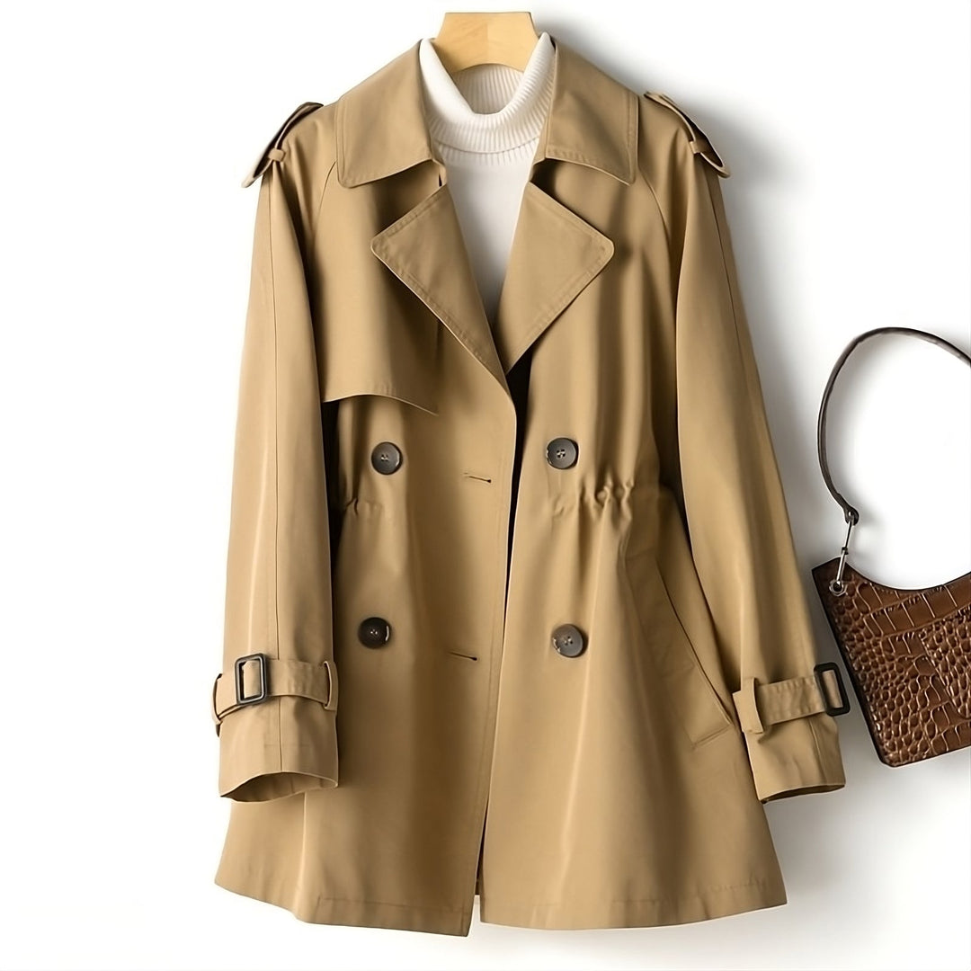 Elegant women's trench coat in autumn tones, long design with weather-resistant fabric, chic colors: beige, black, coffee.