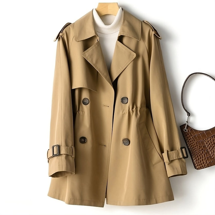 Elegant women's trench coat in autumn tones, long design with weather-resistant fabric, chic colors: beige, black, coffee.