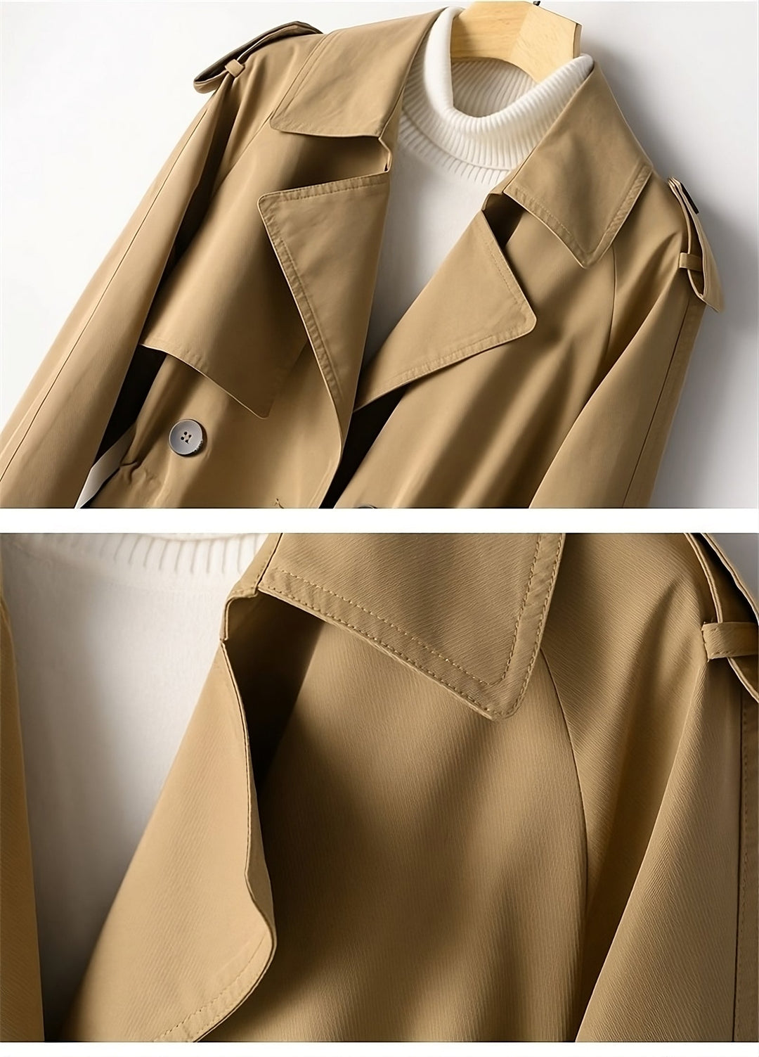 Elegant women's trench coat in autumn tones, long design with weather-resistant fabric, chic colors: beige, black, coffee.