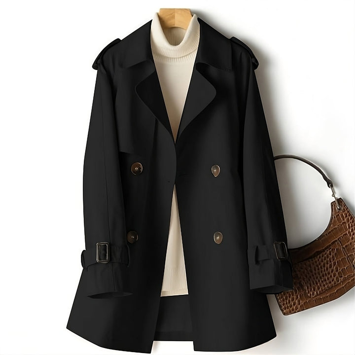 Elegant women's trench coat in autumn tones, long design with weather-resistant fabric, chic colors: beige, black, coffee.