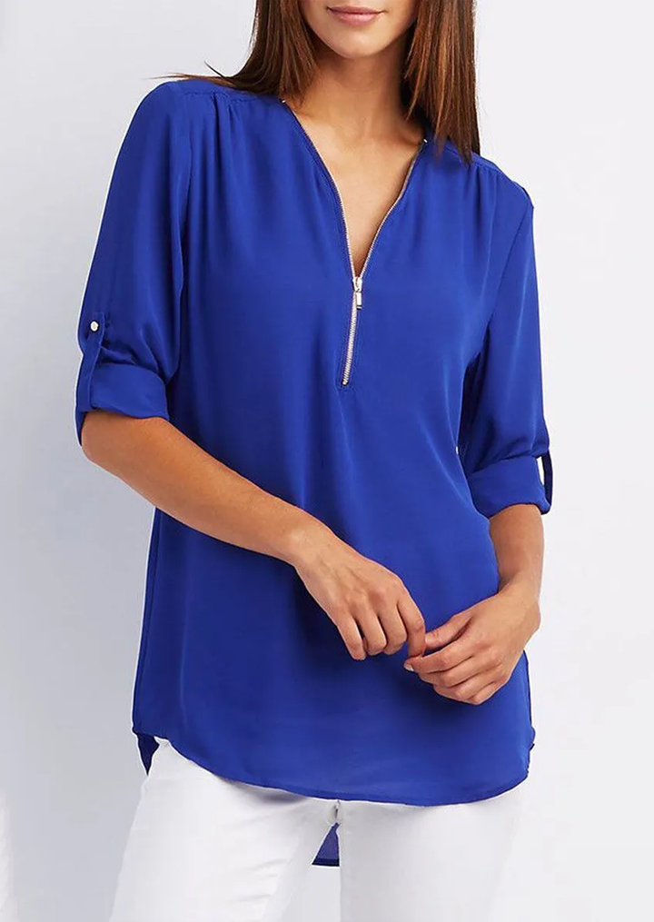 Elegant women's zipper blouse with chic modern design, flattering fit. Perfect for casual or formal occasions.