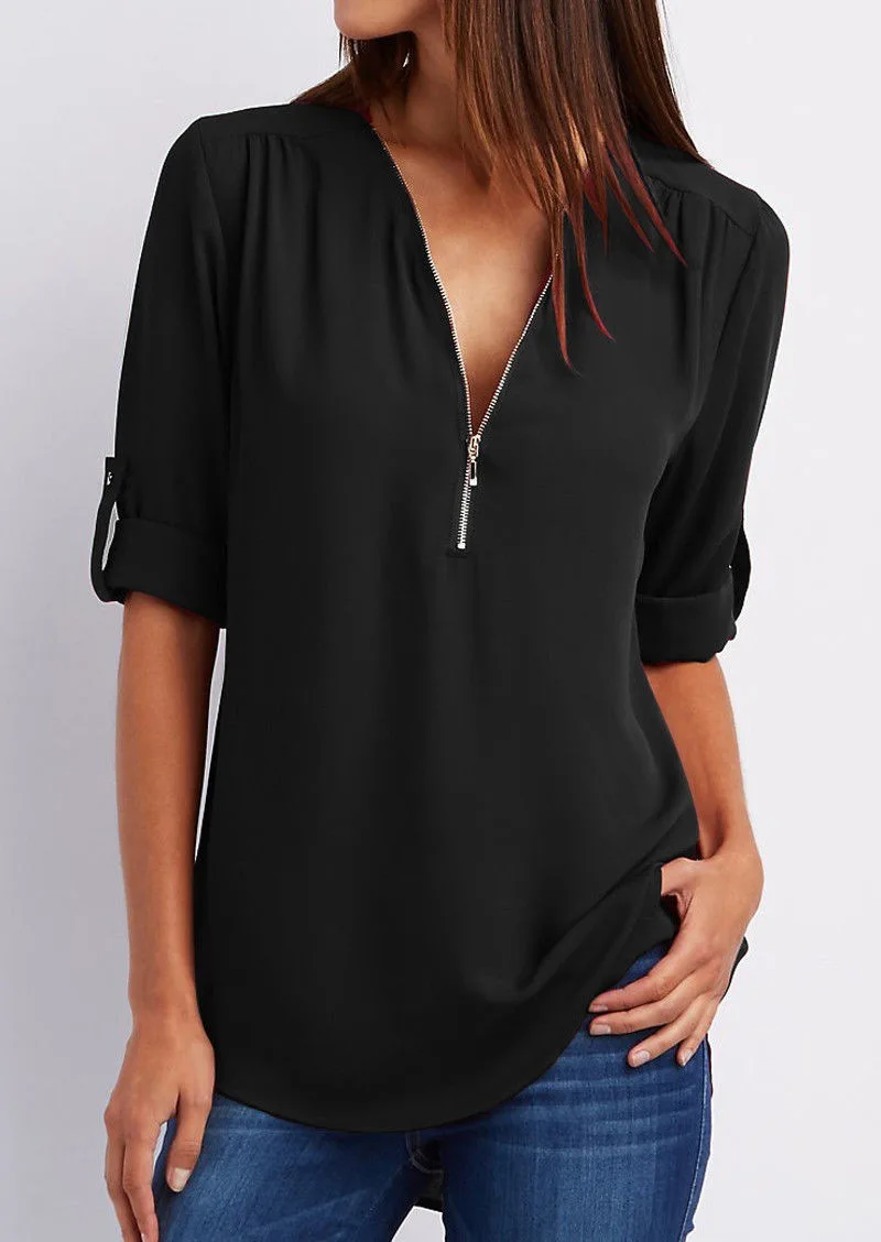 Elegant women's zipper blouse with chic modern design, flattering fit. Perfect for casual or formal occasions.