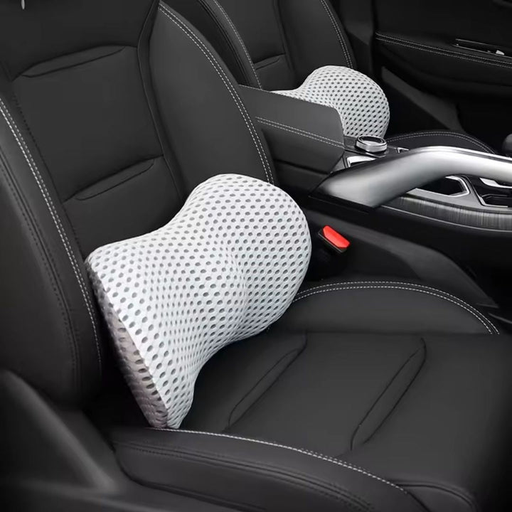 "Ergonomic Memory Foam Lumbar Support Cushion on office chair, featuring breathable cover and adjustable strap for optimal co