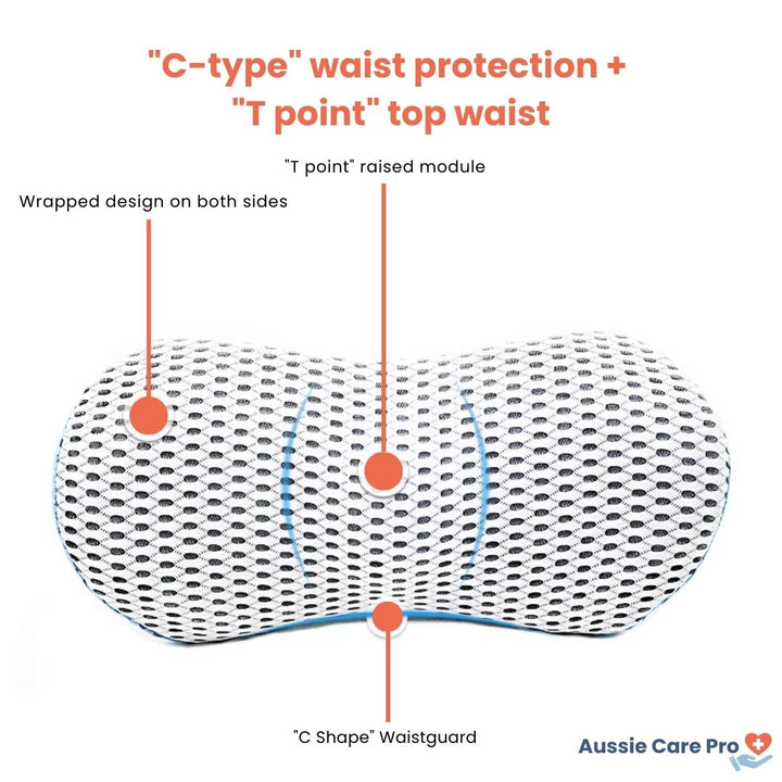 "Ergonomic Memory Foam Lumbar Support Cushion on office chair, featuring breathable cover and adjustable strap for optimal co