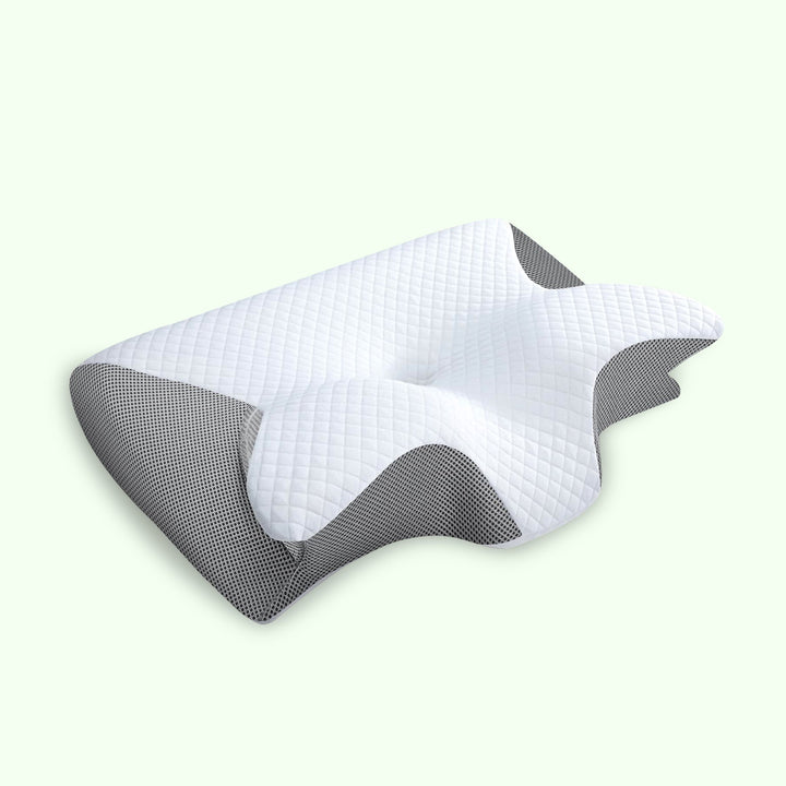 "Ergonomic butterfly memory foam neck pillow for side & back sleepers, in black or grey, promotes spinal alignment & comfort.