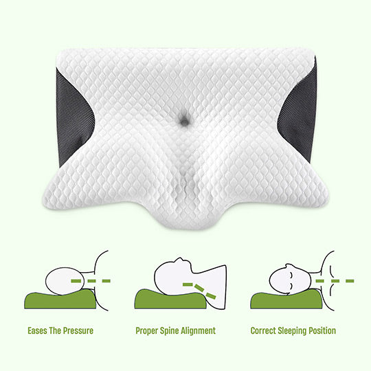 "Ergonomic butterfly memory foam neck pillow for side & back sleepers, in black or grey, promotes spinal alignment & comfort.