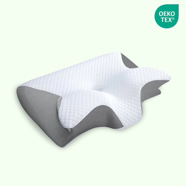 "Ergonomic butterfly memory foam neck pillow for side & back sleepers, in black or grey, promotes spinal alignment & comfort.