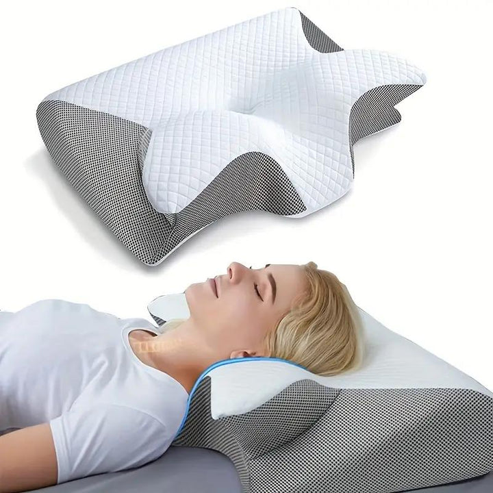 "Ergonomic butterfly memory foam neck pillow for side & back sleepers, in black or grey, promotes spinal alignment & comfort.