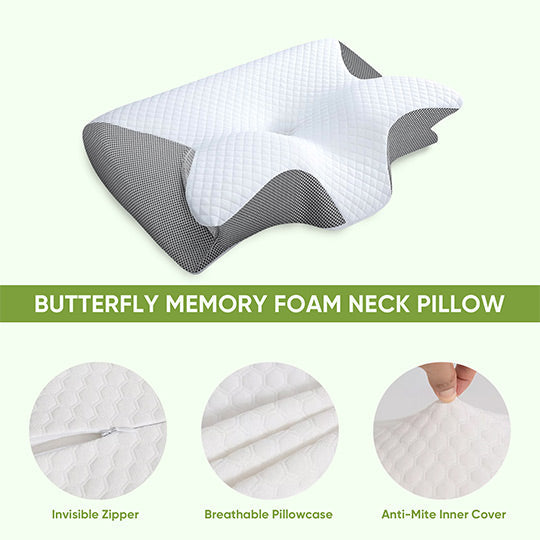Ergonomic butterfly neck pillow, memory foam, black, grey; supports side and back sleepers, enhances neck alignment, stylish.