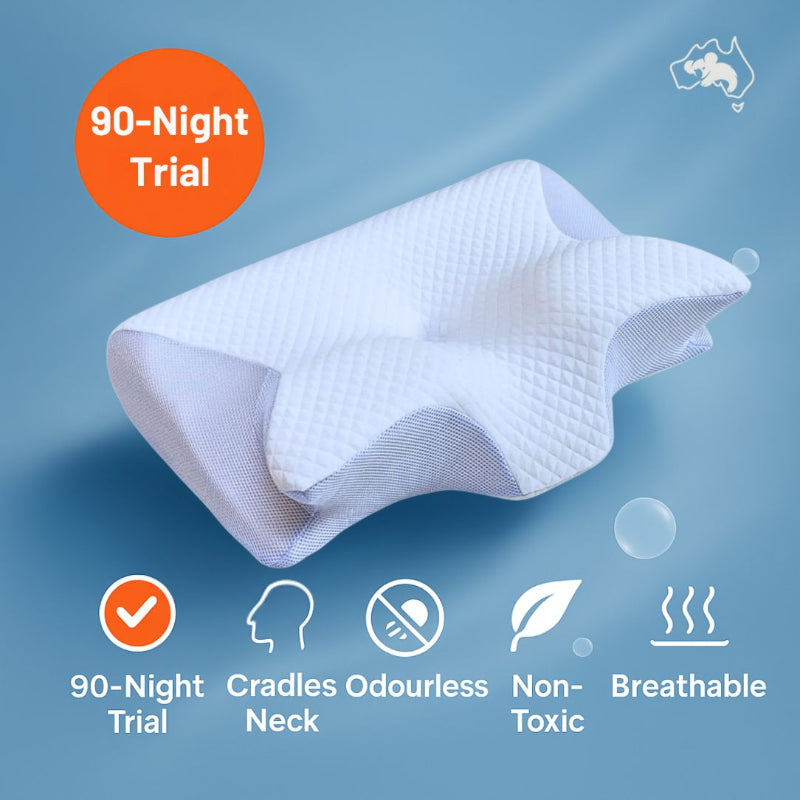 "Ergonomic butterfly pillow in blue, offering neck support and spinal alignment for restful sleep on side, back, or stomach."