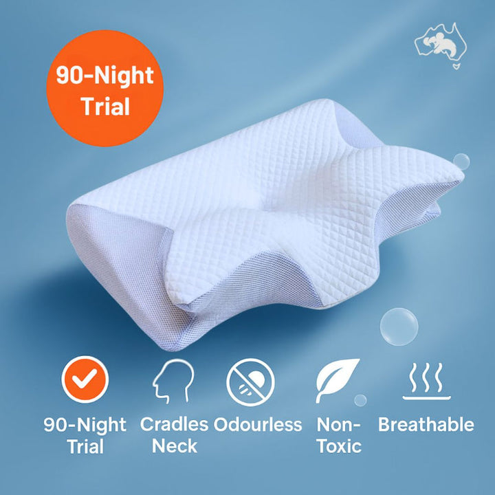 "Ergonomic butterfly pillow in blue, offering neck support and spinal alignment for restful sleep on side, back, or stomach."