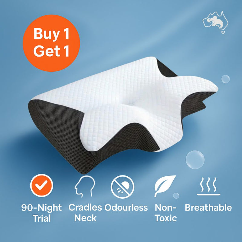 "Ergonomic butterfly pillow in blue, offering neck support and spinal alignment for restful sleep on side, back, or stomach."