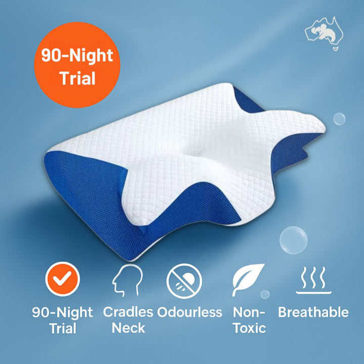 "Ergonomic butterfly pillow in blue, offering neck support and spinal alignment for restful sleep on side, back, or stomach."