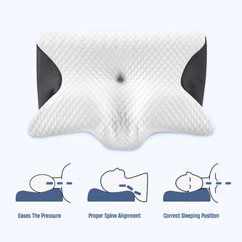 "Ergonomic butterfly pillow in blue, offering neck support and spinal alignment for restful sleep on side, back, or stomach."
