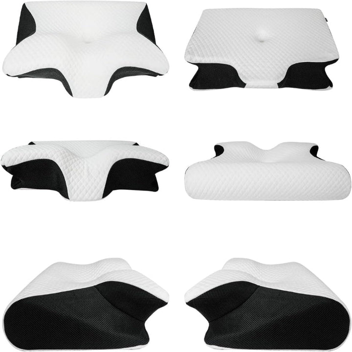 "Ergonomic butterfly pillow in blue, offering neck support and spinal alignment for restful sleep on side, back, or stomach."