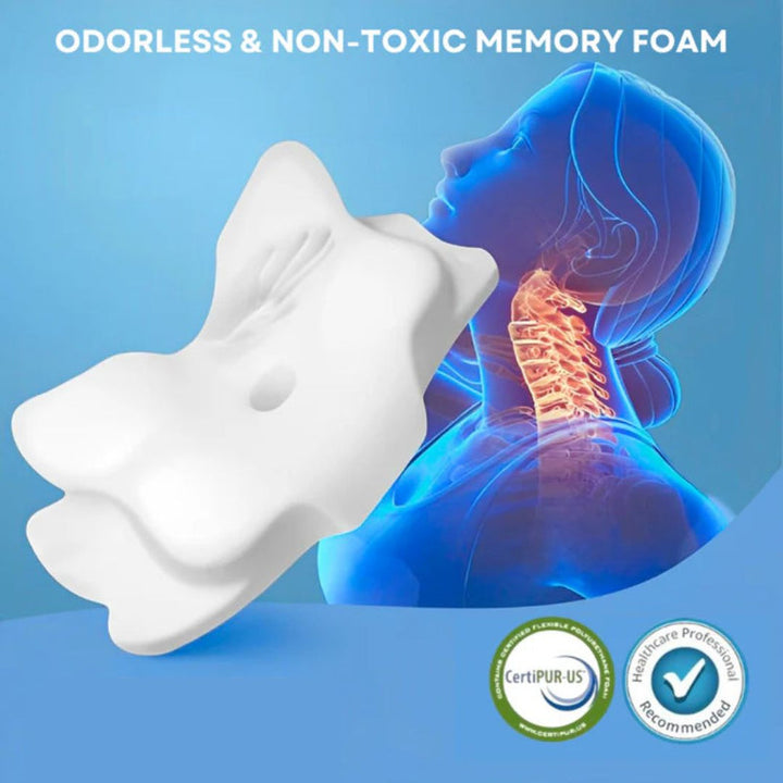 "Ergonomic butterfly pillow in blue, offering neck support and spinal alignment for restful sleep on side, back, or stomach."