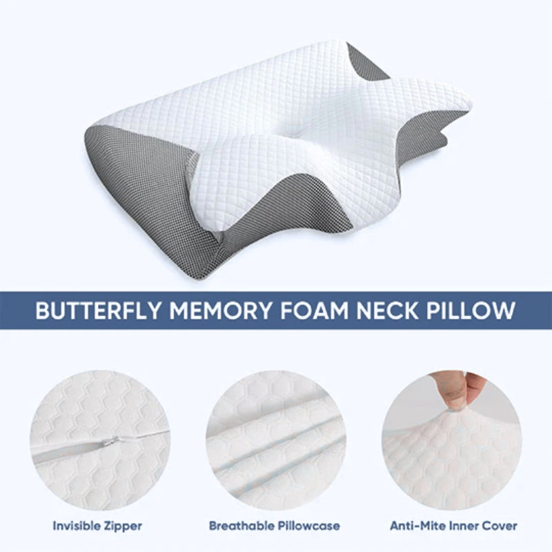 "Ergonomic butterfly pillow in blue, offering neck support and spinal alignment for restful sleep on side, back, or stomach."