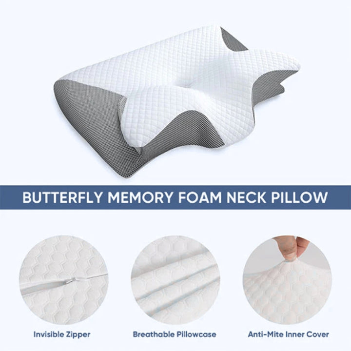 "Ergonomic butterfly pillow in blue, offering neck support and spinal alignment for restful sleep on side, back, or stomach."