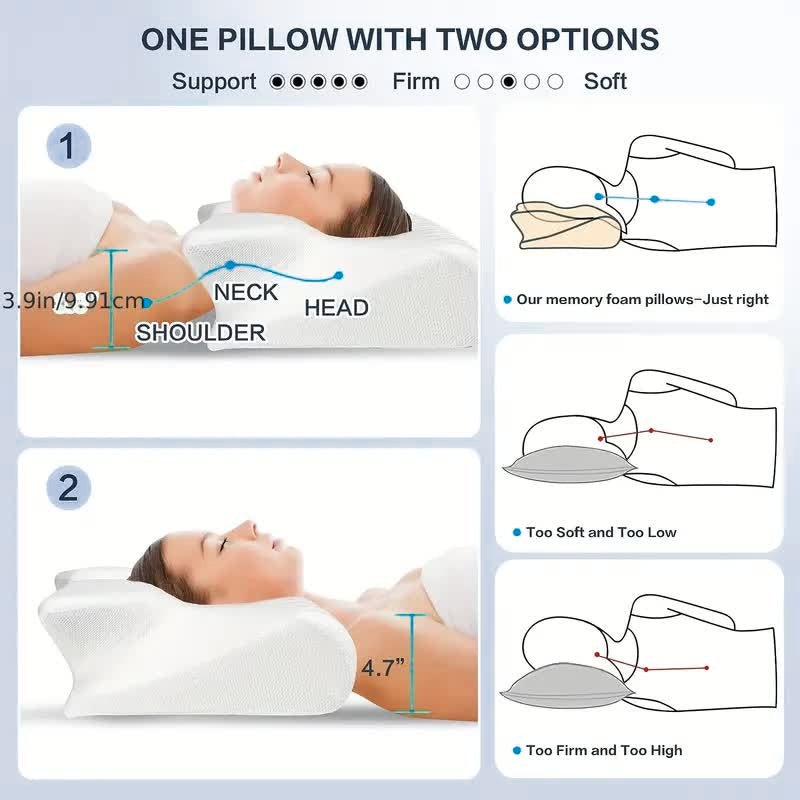 "Ergonomic butterfly pillow in blue, offering neck support and spinal alignment for restful sleep on side, back, or stomach."