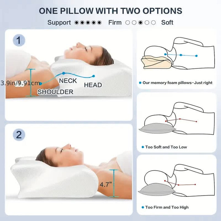 "Ergonomic butterfly pillow in blue, offering neck support and spinal alignment for restful sleep on side, back, or stomach."