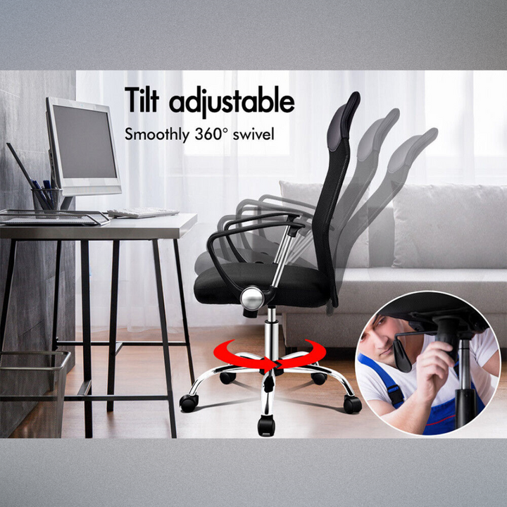 "Ergonomic high back black office chair with lumbar support, sleek design, breathable mesh fabric, and padded comfort feature