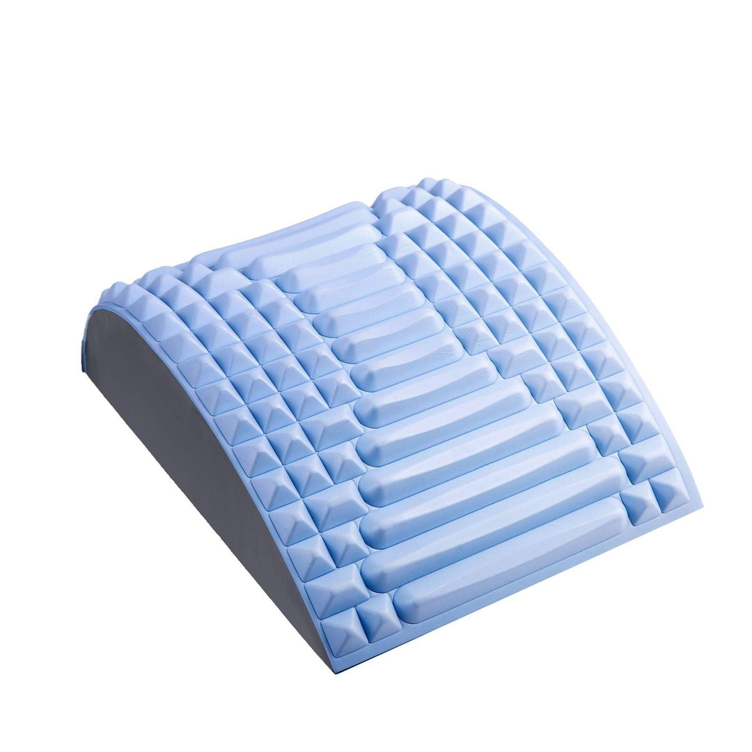 "Ergonomic lumbar back stretcher for pain relief, durable EVA foam, soft massage nodes, blue, ideal for posture correction."