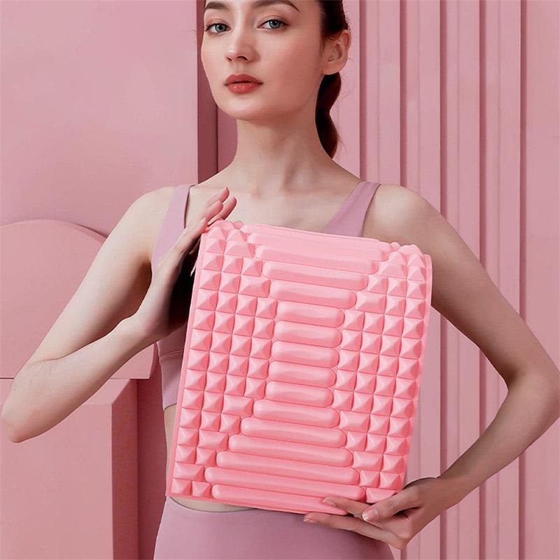 "Ergonomic lumbar back stretcher for pain relief, durable EVA foam, soft massage nodes, blue, ideal for posture correction."