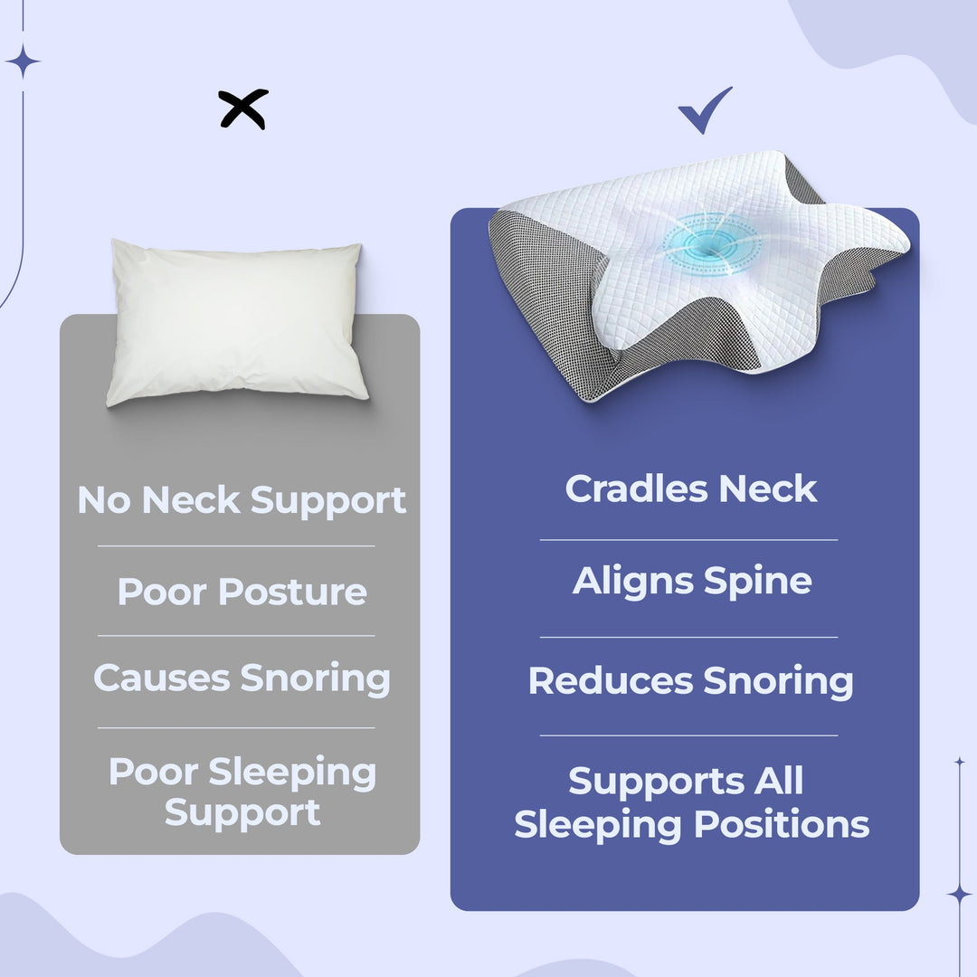 Ergonomic memory foam butterfly pillow for side sleepers; black and grey, unique shape cradles neck, enhances sleep quality.