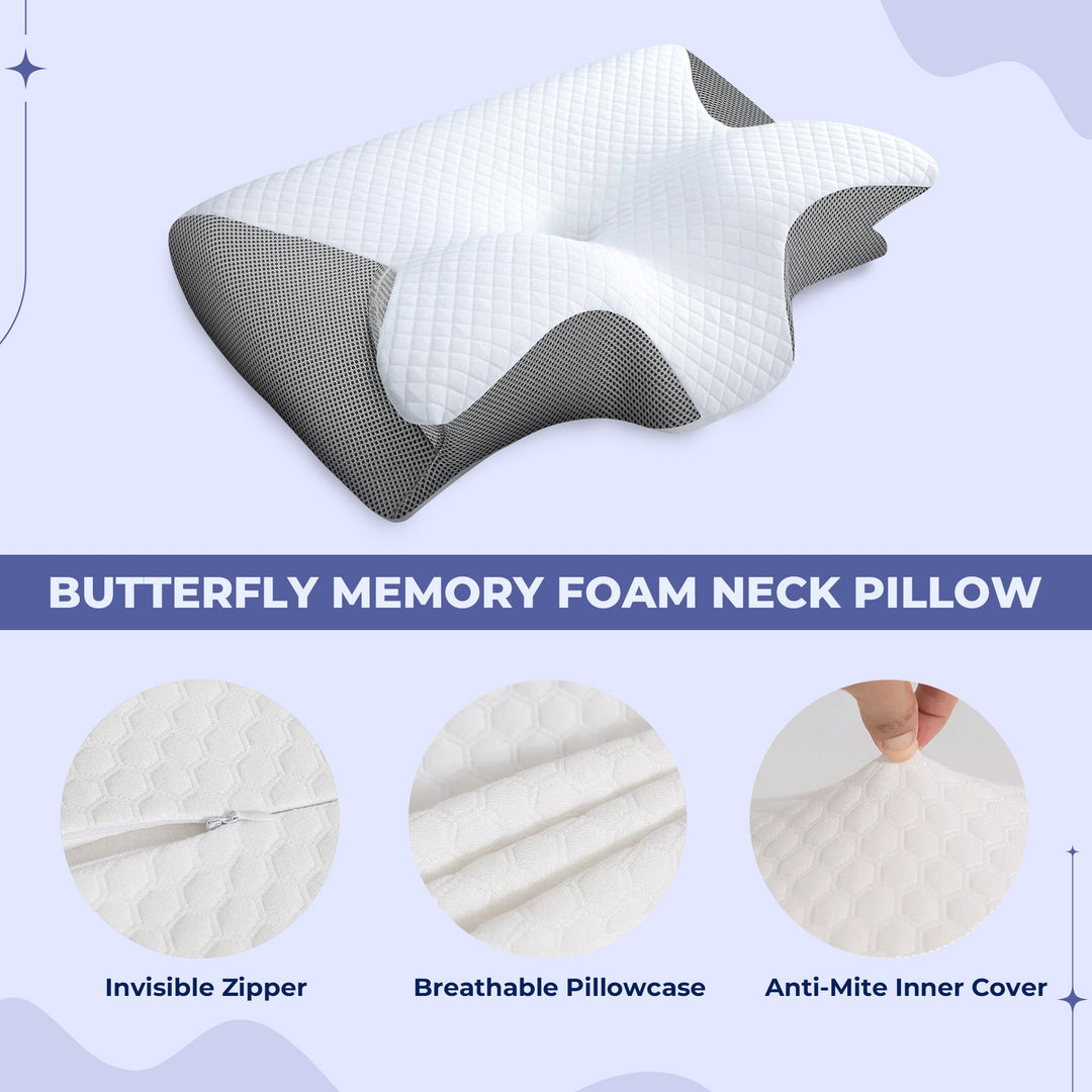 Ergonomic memory foam butterfly pillow for side sleepers; black and grey, unique shape cradles neck, enhances sleep quality.