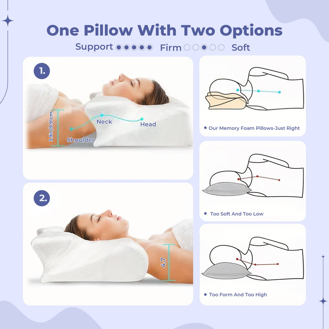 Ergonomic memory foam butterfly pillow for side sleepers; black and grey, unique shape cradles neck, enhances sleep quality.