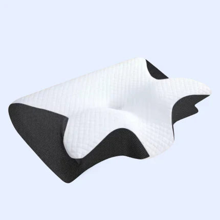 Ergonomic memory foam butterfly pillow for side sleepers; black and grey, unique shape cradles neck, enhances sleep quality.