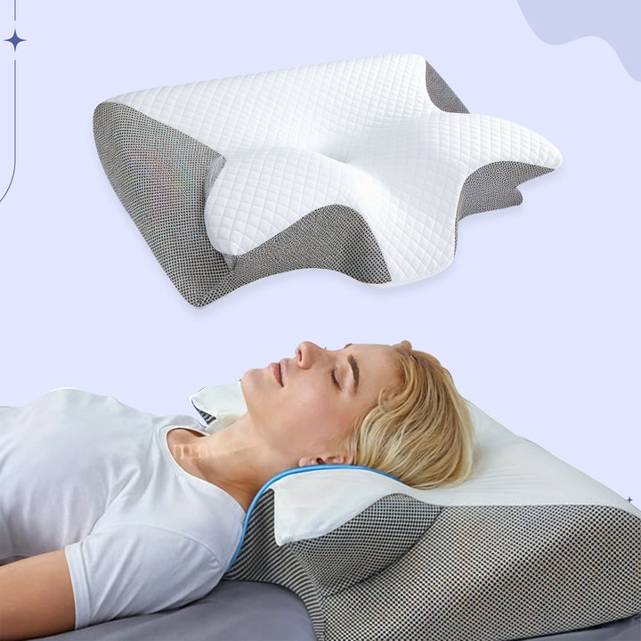 Ergonomic memory foam butterfly pillow for side sleepers; black and grey, unique shape cradles neck, enhances sleep quality.