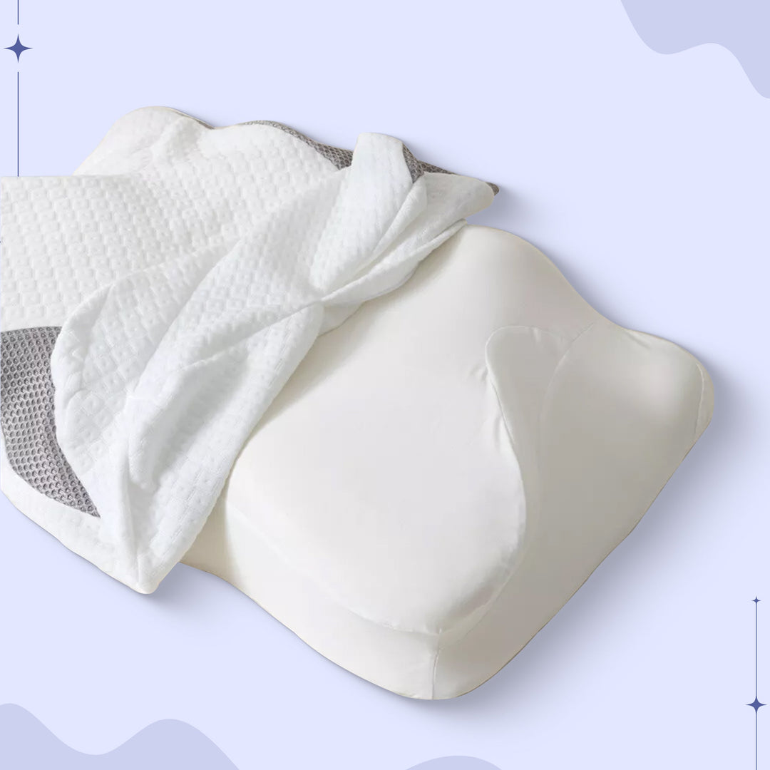 Ergonomic memory foam butterfly pillow for side sleepers; black and grey, unique shape cradles neck, enhances sleep quality.