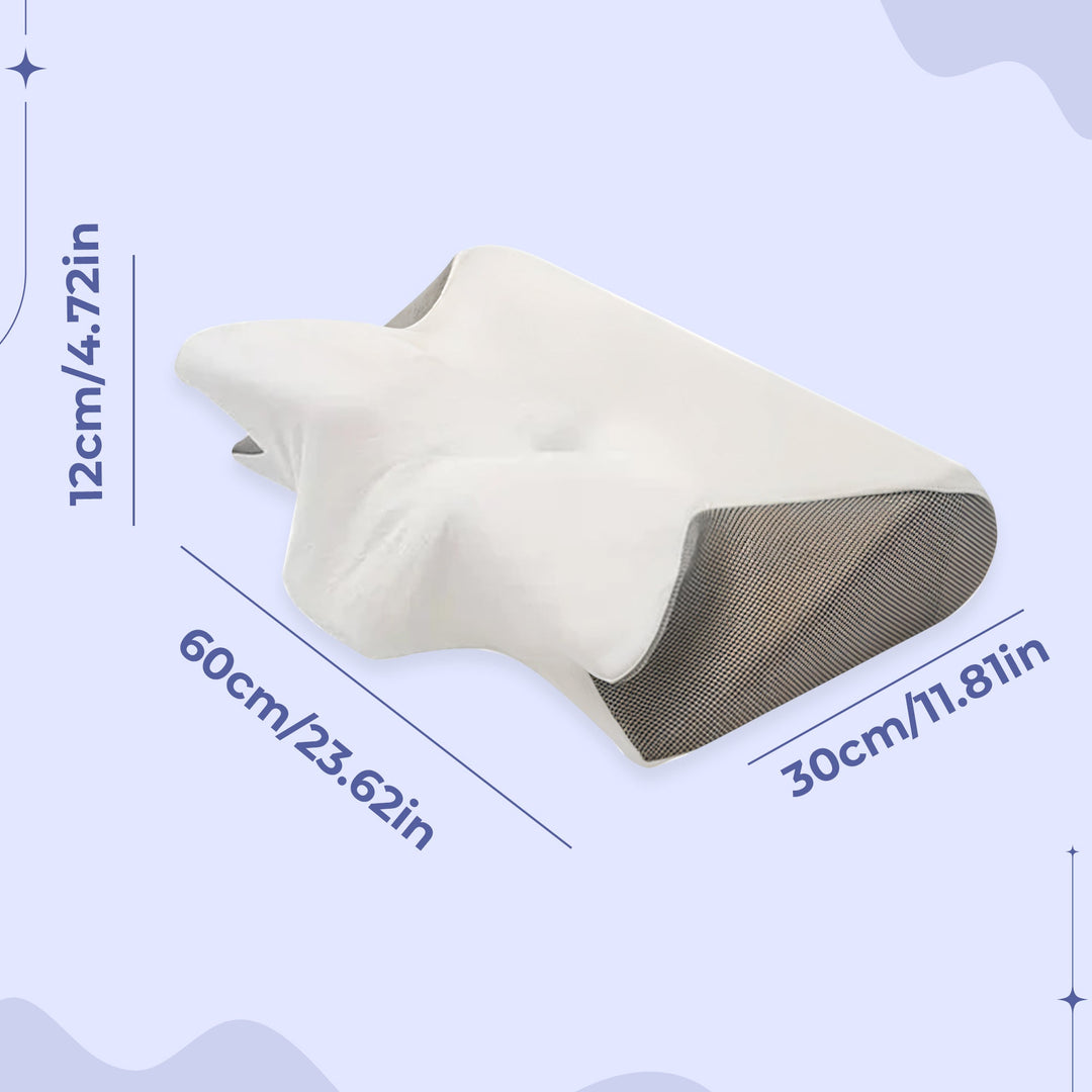 Ergonomic memory foam butterfly pillow for side sleepers; black and grey, unique shape cradles neck, enhances sleep quality.