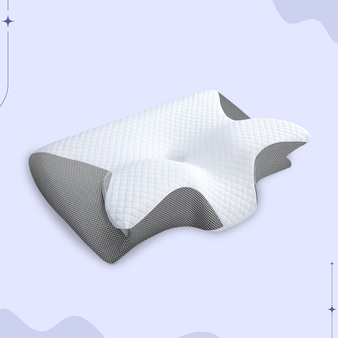 Ergonomic memory foam butterfly pillow for side sleepers; black and grey, unique shape cradles neck, enhances sleep quality.